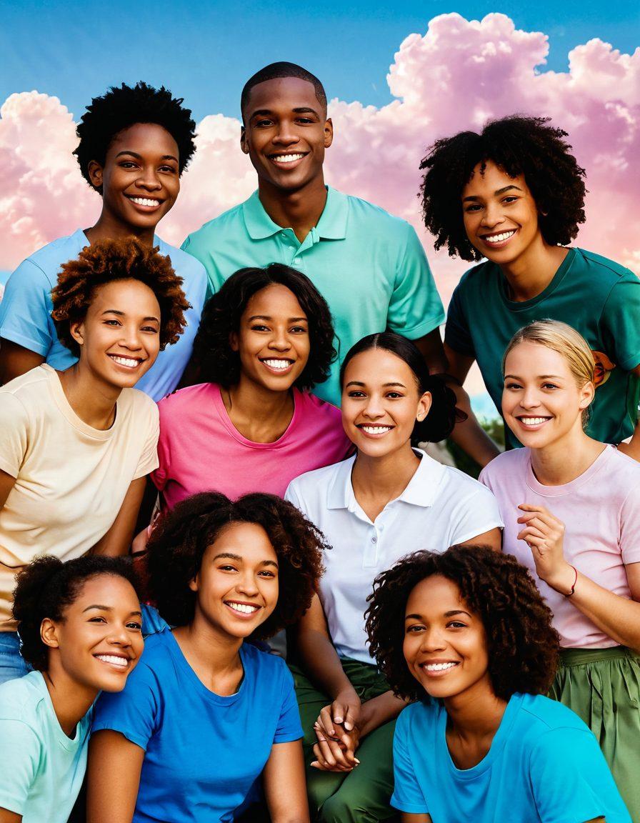 A diverse group of young adults gathered in a supportive circle, sharing stories and laughter amidst cancer awareness ribbons and wellness resources like pamphlets and healthy snacks. A soothing background depicting healthy plants and a vibrant sky, symbolizing hope and resilience. The characters should reflect various ethnicities, showcasing both strength and compassion in their expressions. super-realistic. vibrant colors. soft focus.