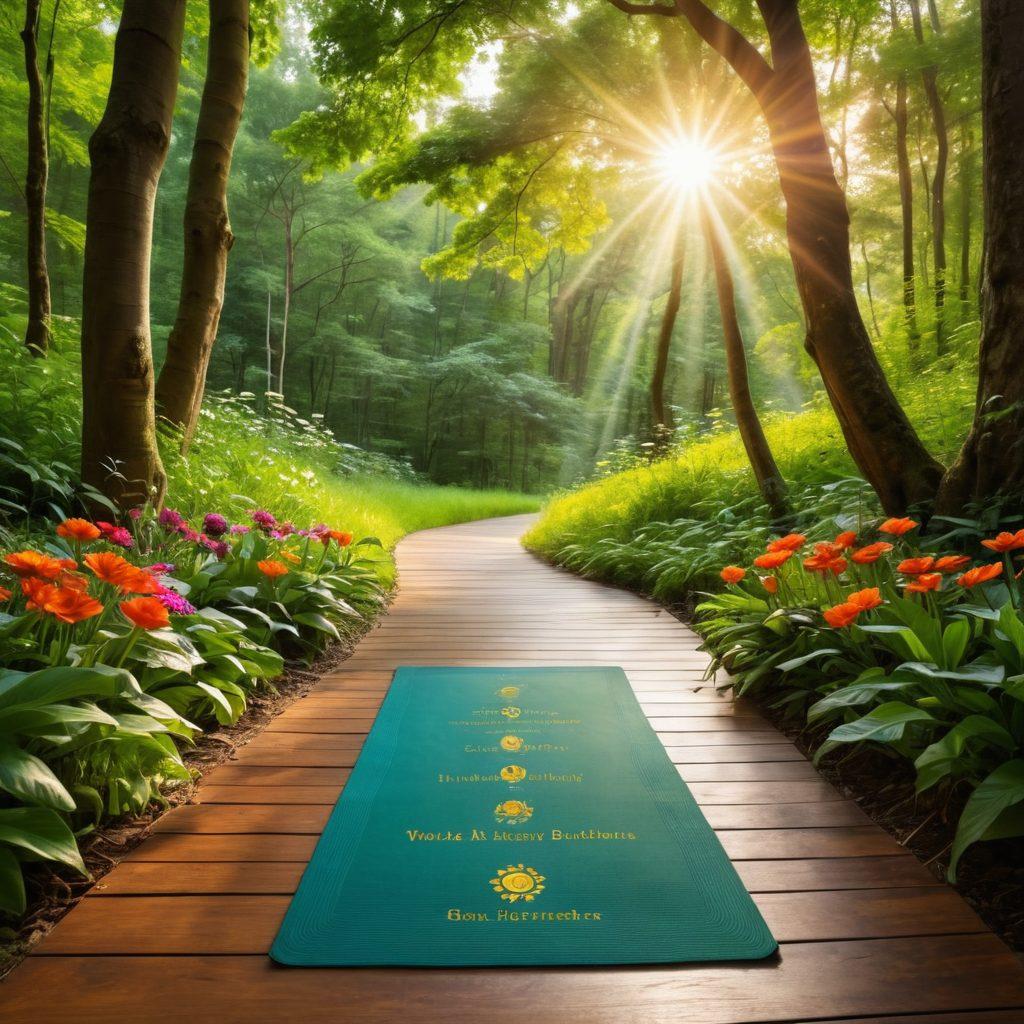 A serene pathway winding through a lush green forest, symbolizing a journey towards wellness. Alongside the path, colorful flowers bloom, representing support and growth. A sunbeam breaks through the canopy, illuminating the way forward with a gentle glow. In the foreground, subtle icons of wellness like yoga mats, healthy food, and meditation symbols are integrated. super-realistic. vibrant colors. peaceful ambiance.