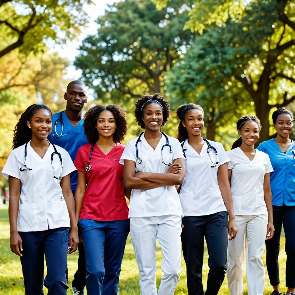 A diverse group of young survivors navigating a vibrant and hopeful healthcare environment, showcasing advocacy through engaging discussions, treatment options with medical professionals, and fitness activities in a park. Include symbols of health like stethoscopes, healthy foods, and sports gear to emphasize wellness. The scene should convey a sense of community, empowerment, and resilience. super-realistic. vibrant colors. white background.